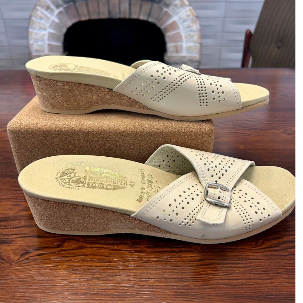 Worishofer Cream Perforated Leather Slides - Cork Wedge - Size 41 - Picture 3 of 8